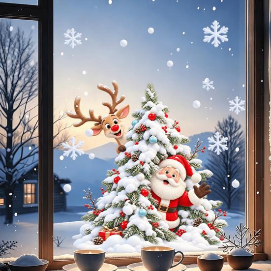 Waterproof PVC Christmas Ornaments Xmas Tree Santa Window Sticker, Static Cling Snowy Elk Decal Decal, Removable for Glass Doors Windows Claus Pattern