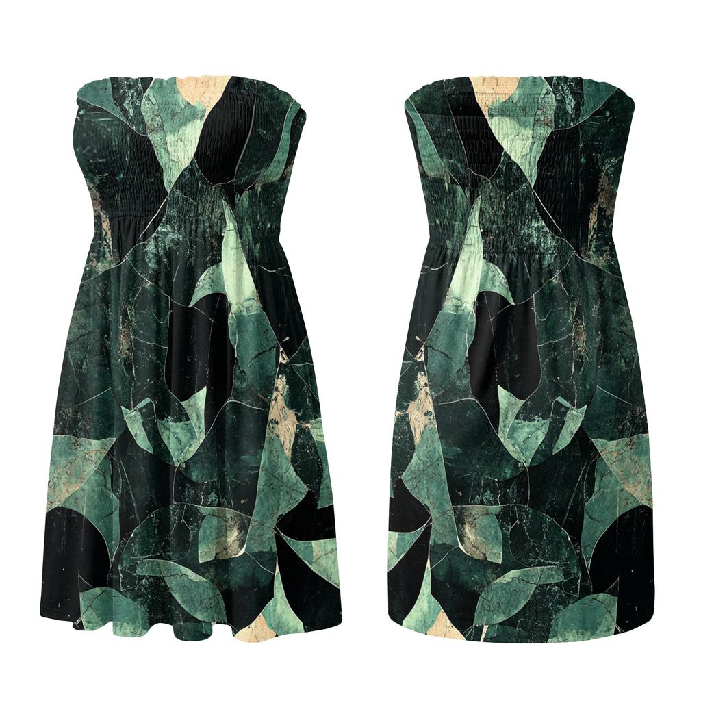 Womens Summer Casual Elasticated Sleeveless Strapless Midi Dresses Flowy Boob Tube Sheering Pleated Swing Sundress