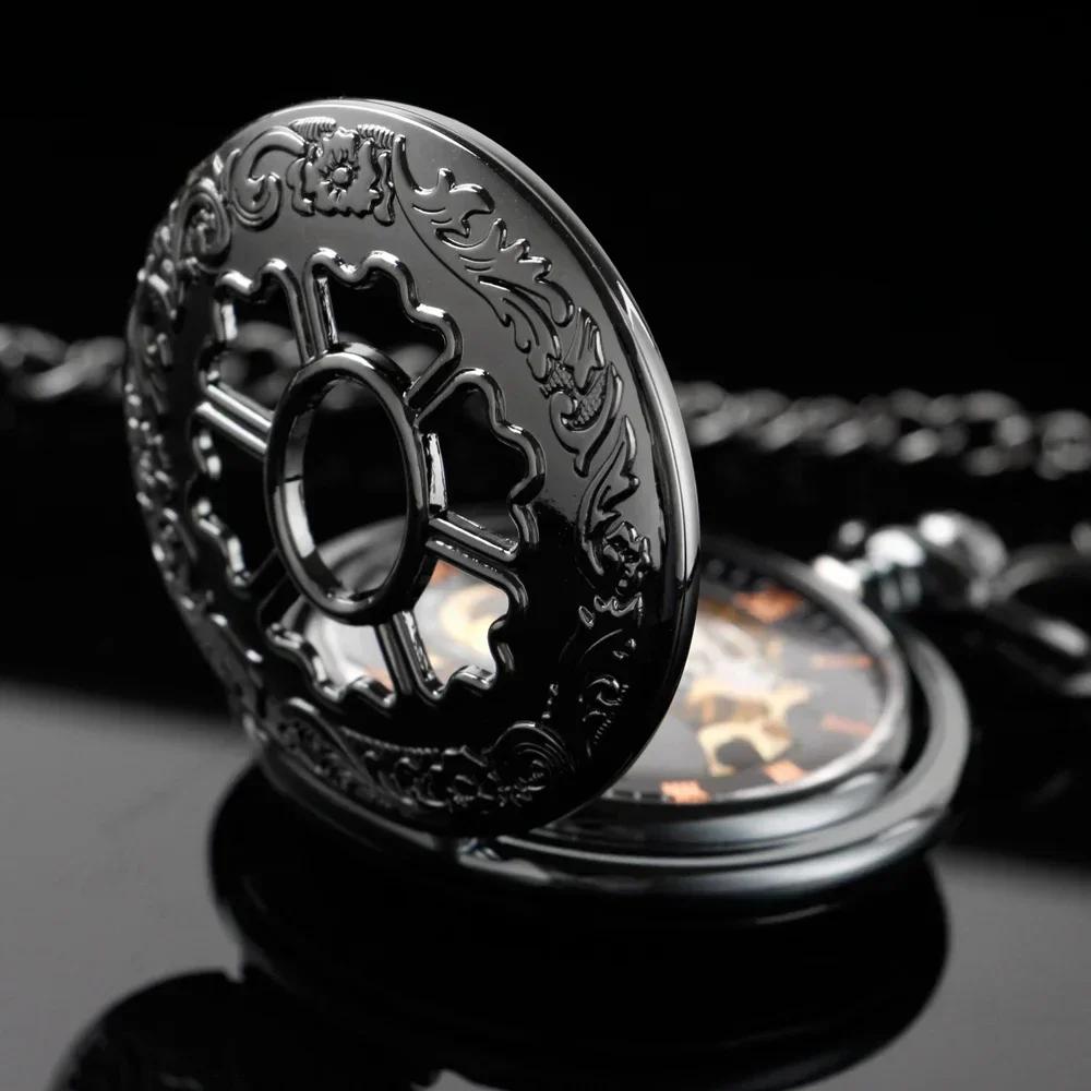 Fashion Luxury Black Flower Engraved Skeleton Steampunk Mechanical Pocket Watch Roman Dial with Chain Ideal for Men/Women