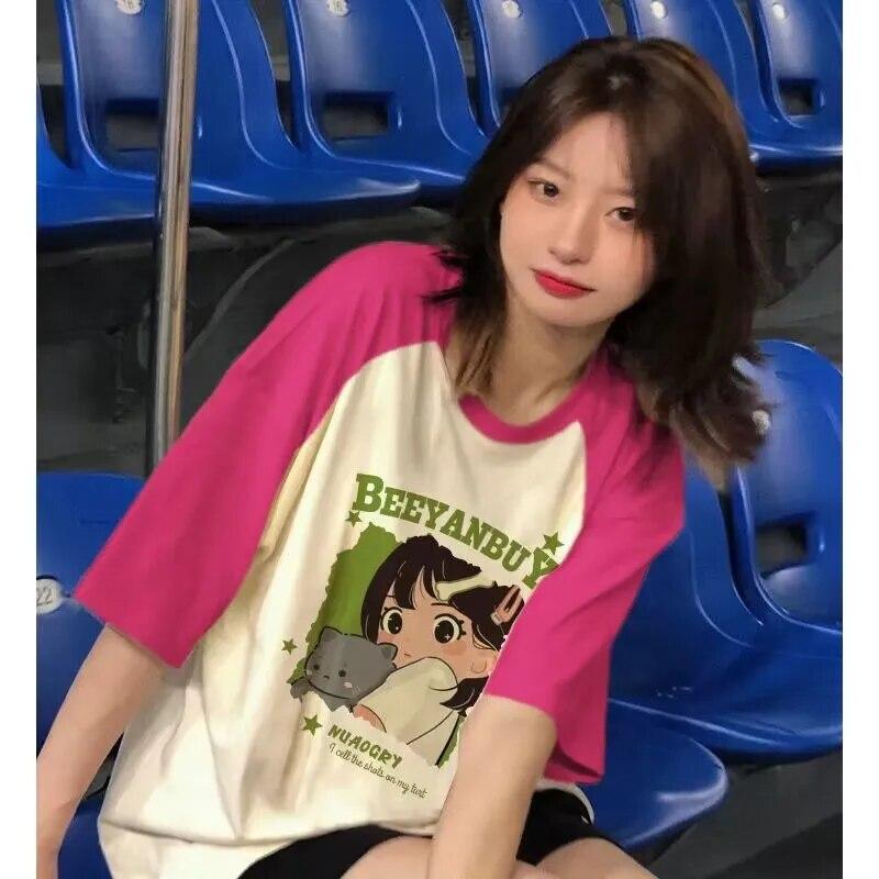 

Футболка с забавным мультяшным принтом и блокировкой цвета, большие женские футболки с рисунком в стиле Харадзюку, летние повседневные футболки y2k, розовые топы, уличная одежда