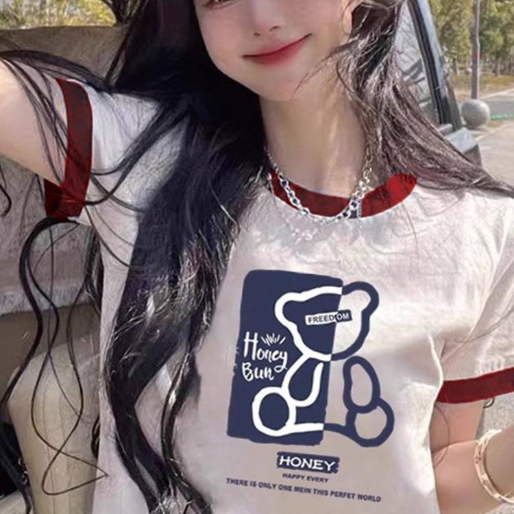 2025 New Loose Slimming Contrasting Short-Sleeved T-Shirt for Women's Summer Versatile and Beautiful Printed Top