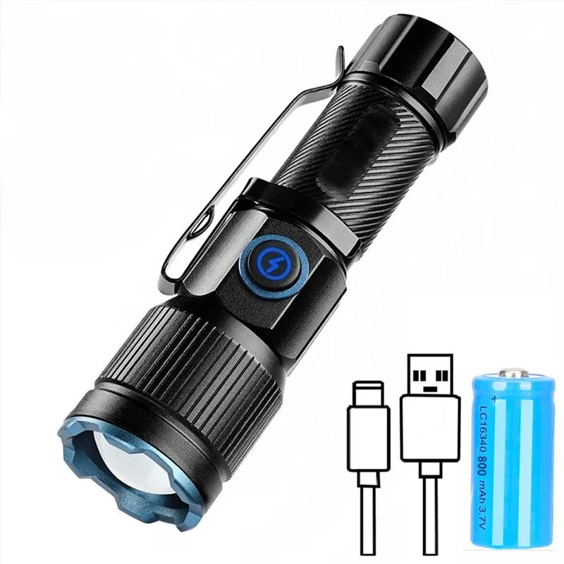 Zoom White Beam Light Long Distance Mini Flashlight Type-C Usb Rechargeable Portable Pocket Torch Home Outdoor 16340 Battery