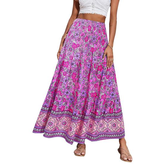 Beach Skirt Elastic High Waisted Skirt Ruffle Splicing A-Line Women Pleated Large Hem Floral Print Maxi