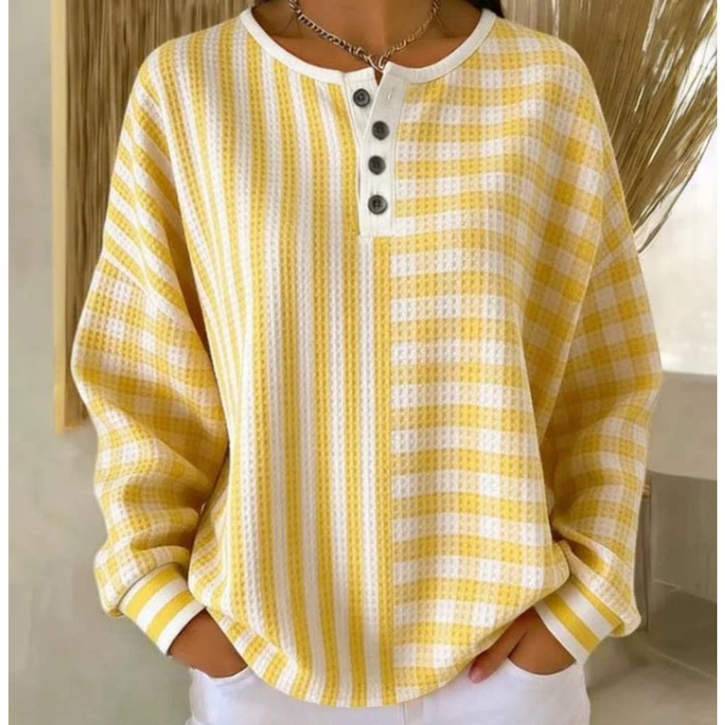 Women's Crew Neck Long Sleeve Waffle Knit Henley Top Loose Fit Casual Sweatshirt