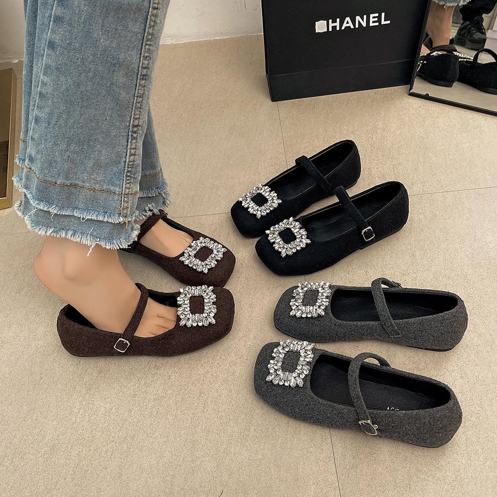 Large size women's shoes 41-43 fat feet French rhinestone woolen Mary Jane shoes spring and summer with skirts shallow beanie shoes list