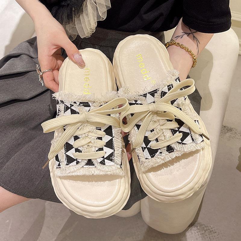 Plateau-Slipper Damen Sommerbekleidung 2025 neue Mode vielseitig lässig Halbschuhe zum Schnüren Canvas-Sandalen Ins-Trend
