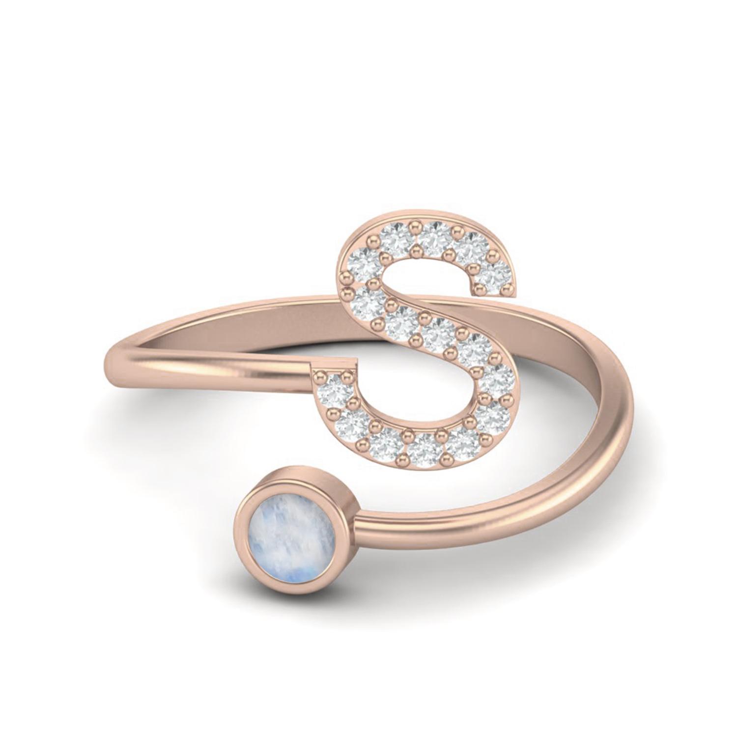 

Capital S Initial Letter Moonstone Women Adjustable Front Open Ring 925 Sterling Silver Rose Vermeil 10 Яскраво-рожевий