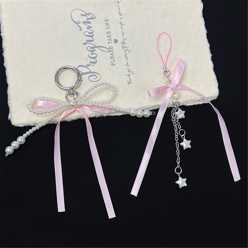 Cute Pearl Ribbon Bowknot Keychain Pendant Keyring Charm Lovely Hanging Decorations for Purse Bag Backpack Handbag