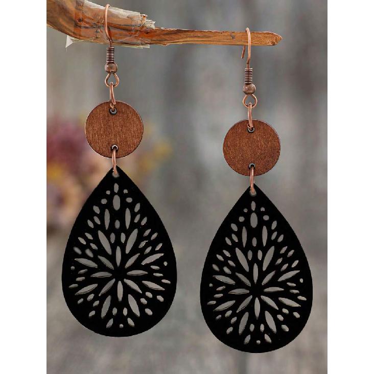 1 Paio Orecchini Pendenti Bohemien Vintage Intagliati a Intarsio in Pelle e Fetta di Legno per Donna