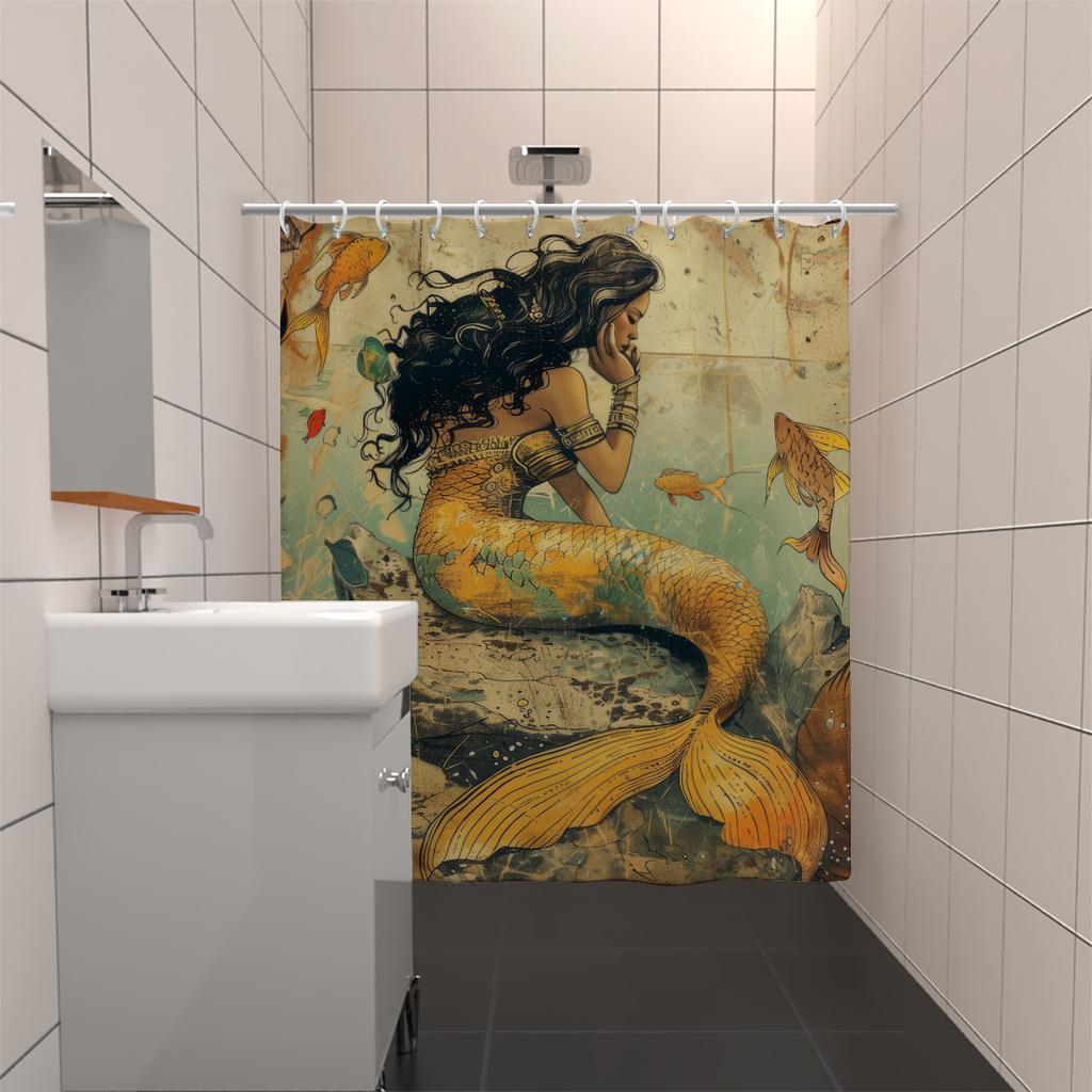 1Pc Mermaid Print Waterproof Shower Bathe Partition Curtain Multiple Sizes Protect Privacy With 12 Hooks Easy Installation