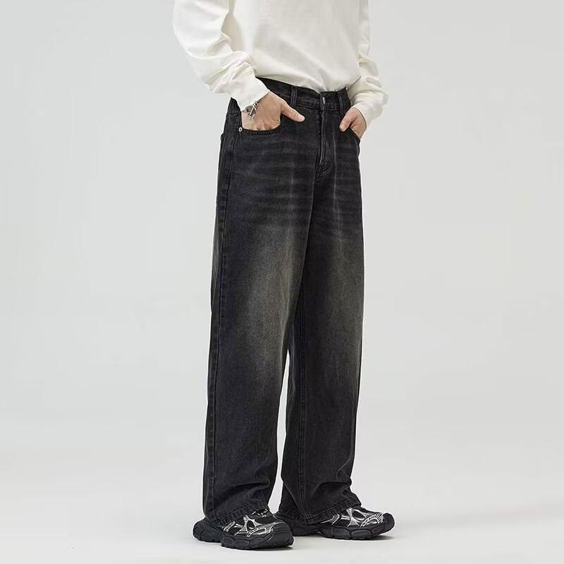 Jeans Autunnali a Gamba Dritta da Uomo Lavati Casual alla Moda di Marca Senso del Design High Street, Robusti e Belli Retrò con Pieghe a Lunghezza Pavimento
