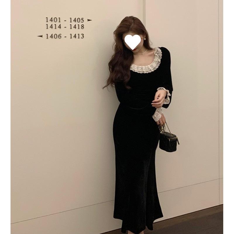Lace black velvet dress women's autumn and winter small black dress slim-fitting hip-wrapped fishtail long skirt