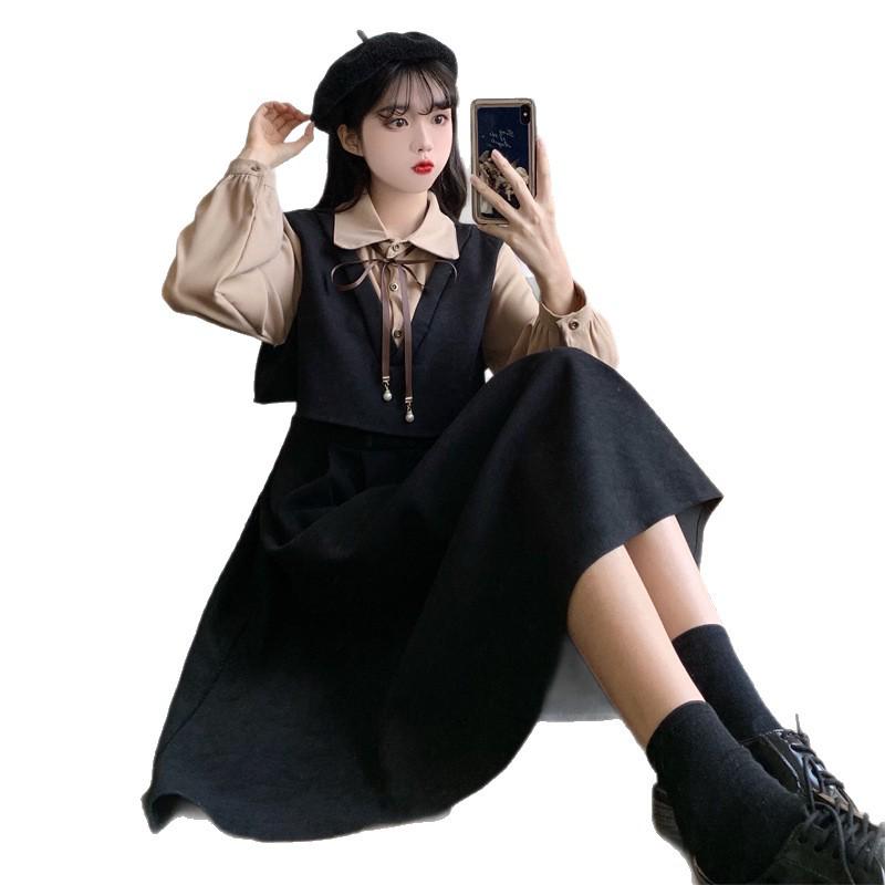 Hepburn Style Women's Corduroy Patchwork Dress - Autumn 2026 Collection, Elegant French Two-Piece Long Dress