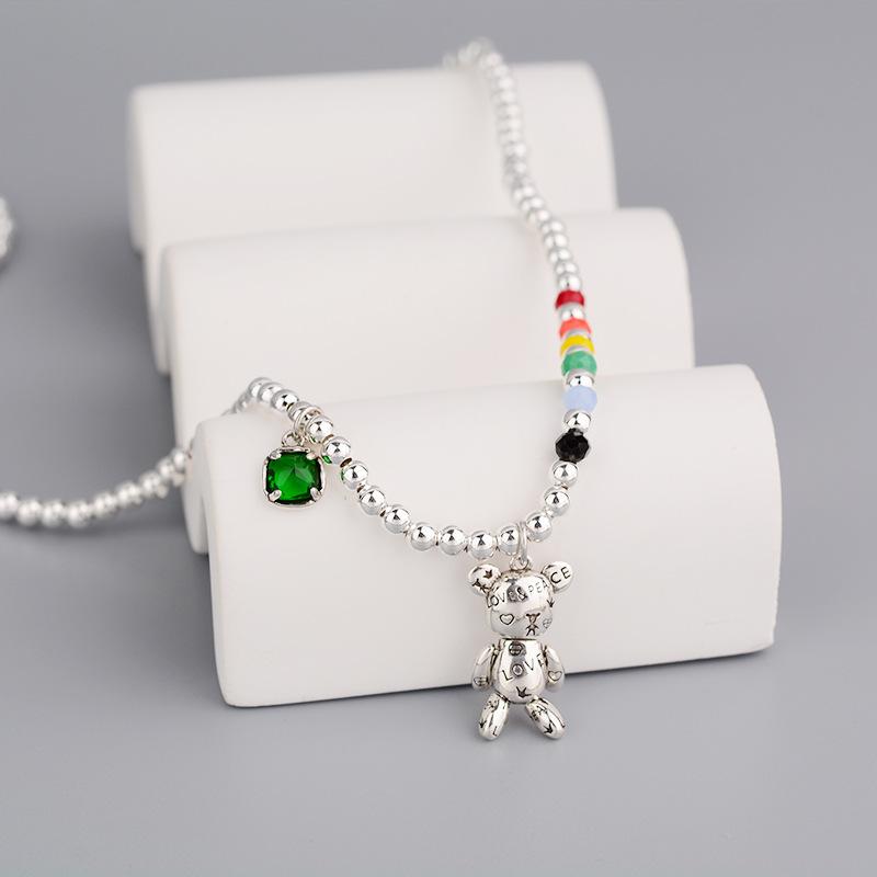 Rainbow Round Beads Bear Necklace Women'S Niche Versatile Emerald Design Light Luxury Trend Jewelry