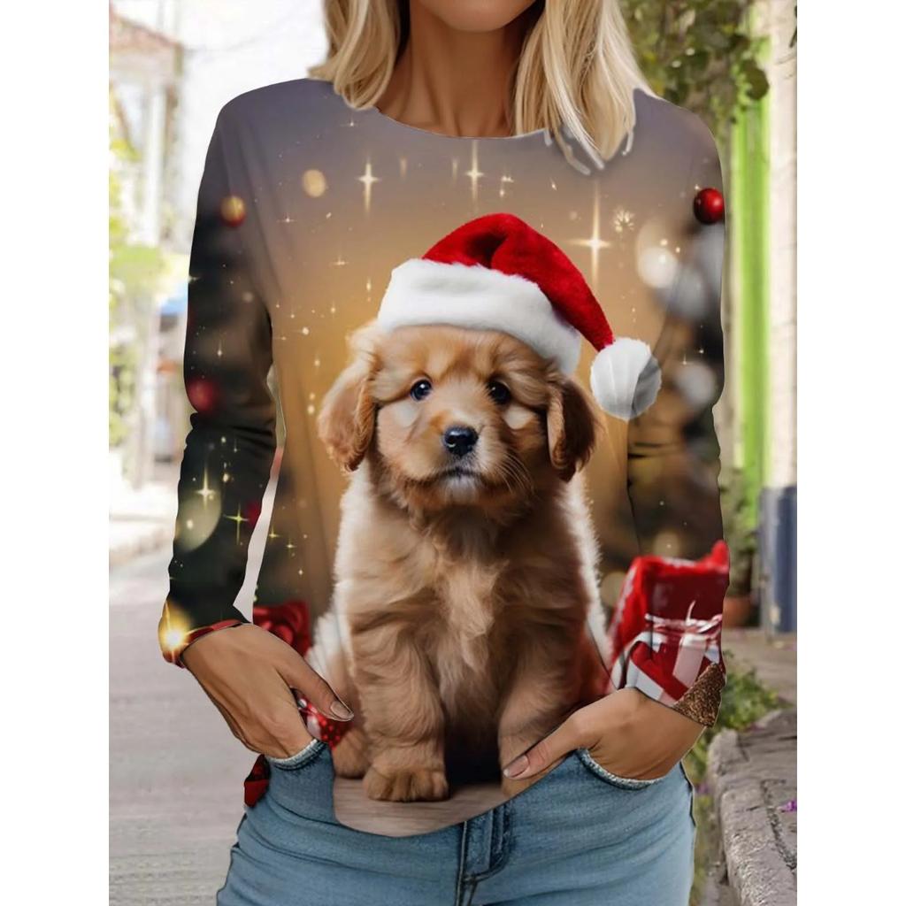 Autumn and Winter Round Neck 3D Christmas Cute Dog Printed Top Fashionable Casual Long Sleeved Women's T-shirts