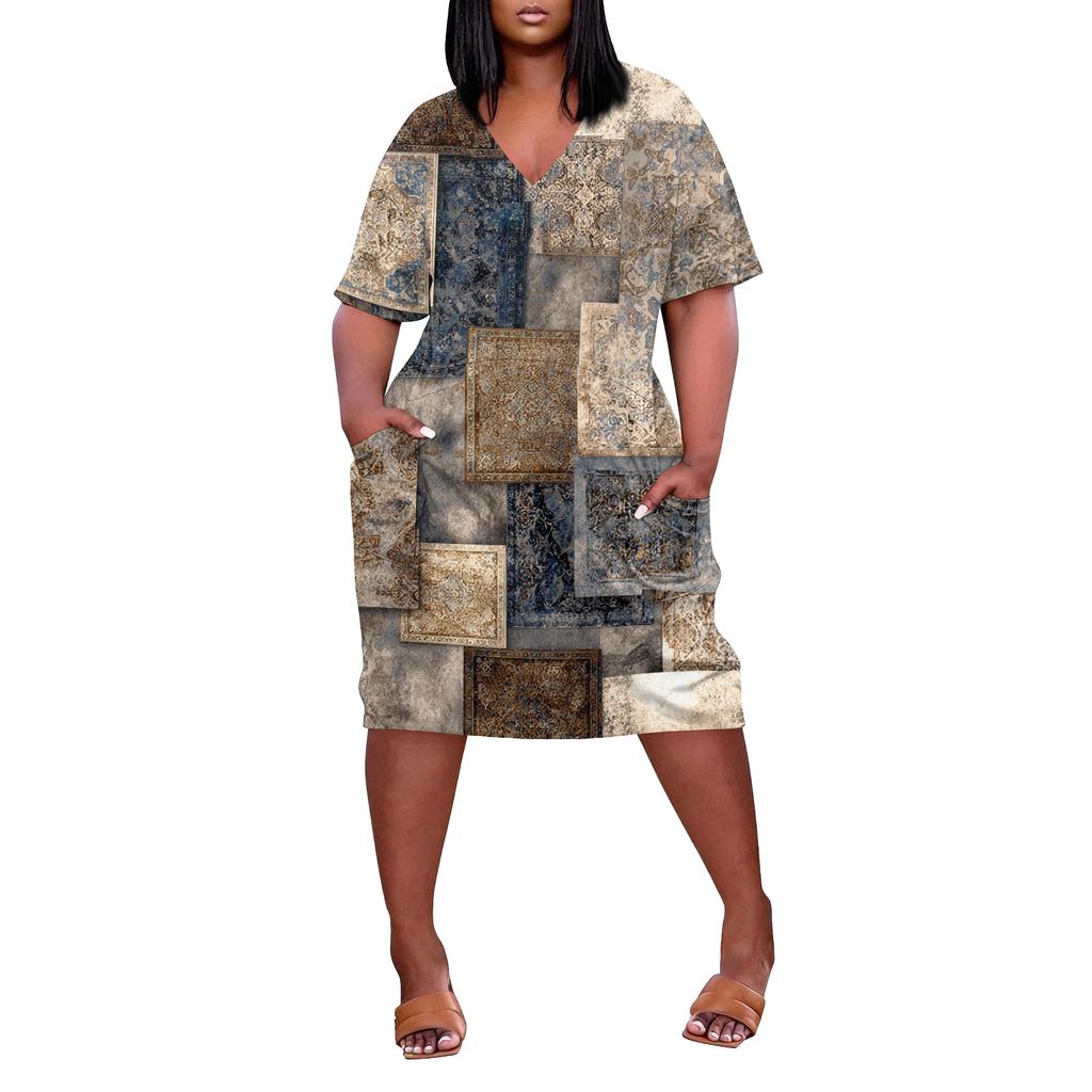 Letní nadměrné velikosti V výstřih krátký rukáv ke kolenům kapsa potisk ležérní šaty pro ženy