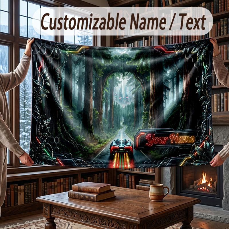 Mushroom Forest Theme Throw Blanket Custom Name Text Personalized Blanket Soft Cozy Blanket for Home Sofa Bed