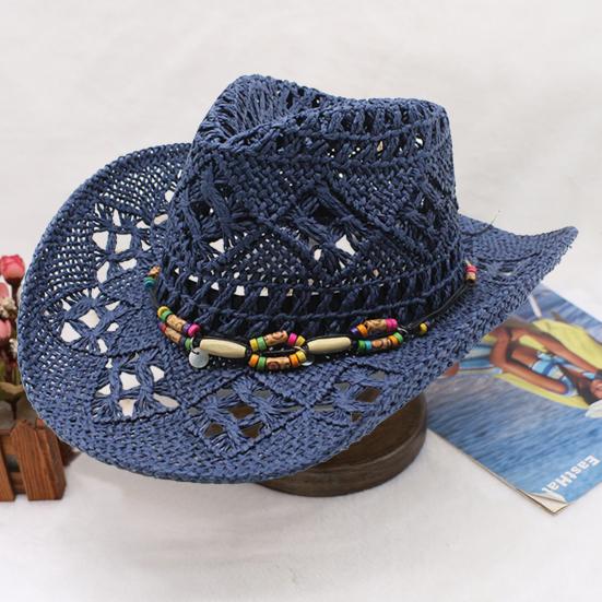 Ψάθα Καπέλο με Προστασία UPF 50+ Ρυθμιζόμενο Λουράκι Πηγουνιού Διακόσμηση με Χάντρες Διάτρητο Σχέδιο Αναπνεύσιμη Πλέξη Ρετρό Ντένιμ Ψάθα Καπέλο