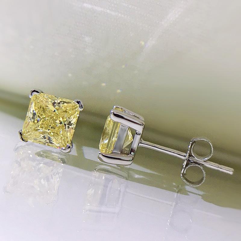 OEVAS 6x6mm Yellow Pink High Carbon Diamond Gemstone Earrings for Women 100% 925 Silver Classic Fine Jewelry