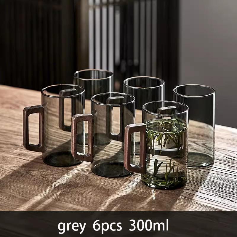 

6 шт. Стеклянные чашки с ручкой из грецкого ореха 300 мл Кружка для кофе Жаростойкая чашка для заваривания чая Набор бытовых офисных стаканов для питья 300ml