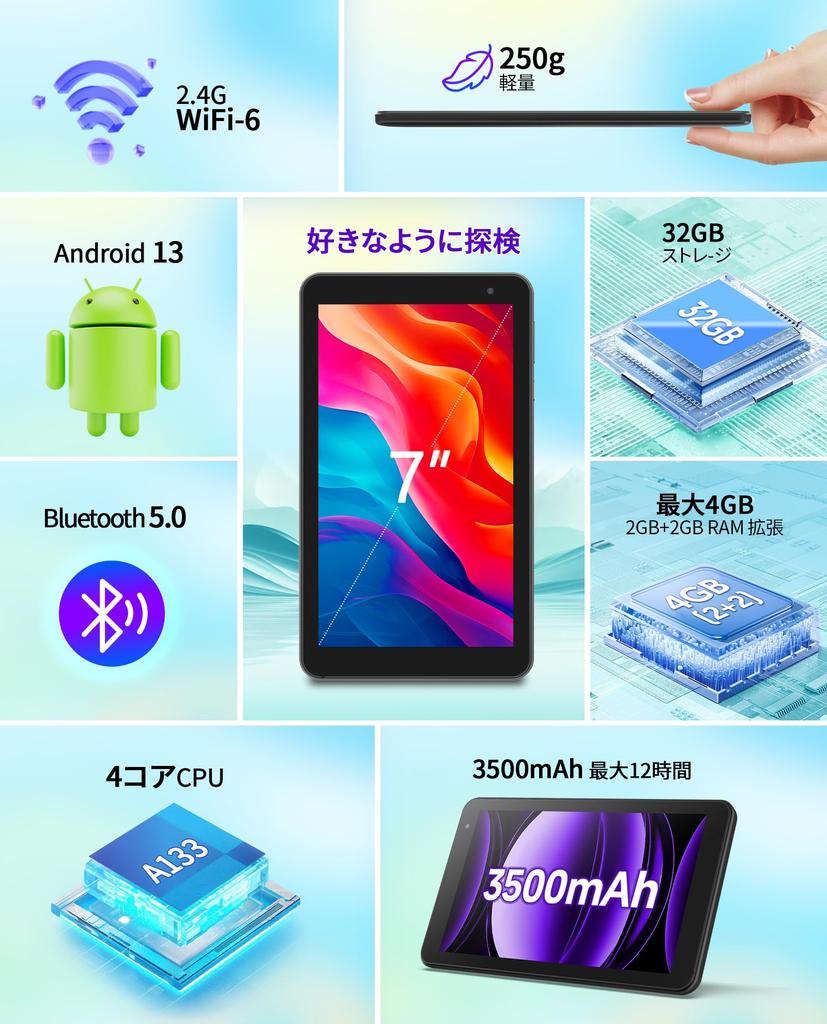 Android 13 Tablet with SD Card 3500mAh WIFI IPS and Japanese Instruction GMS 7-inch Wi-Fi 4GB+32GB+1TB Expansion, Quad-Core CPU, Battery, BT5.2, 6,