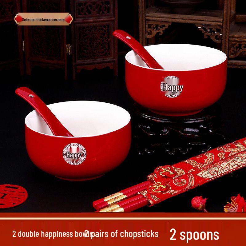 Red Wedding Tea Set: Complete Cups, Lid, Bowl & Chopsticks Set for a Joyous Occasion