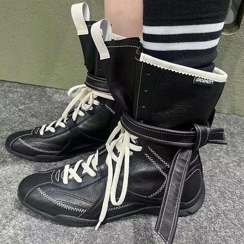 Niche hunting series boxing boots women's new retro medium tube fashion boots genuine leather boots