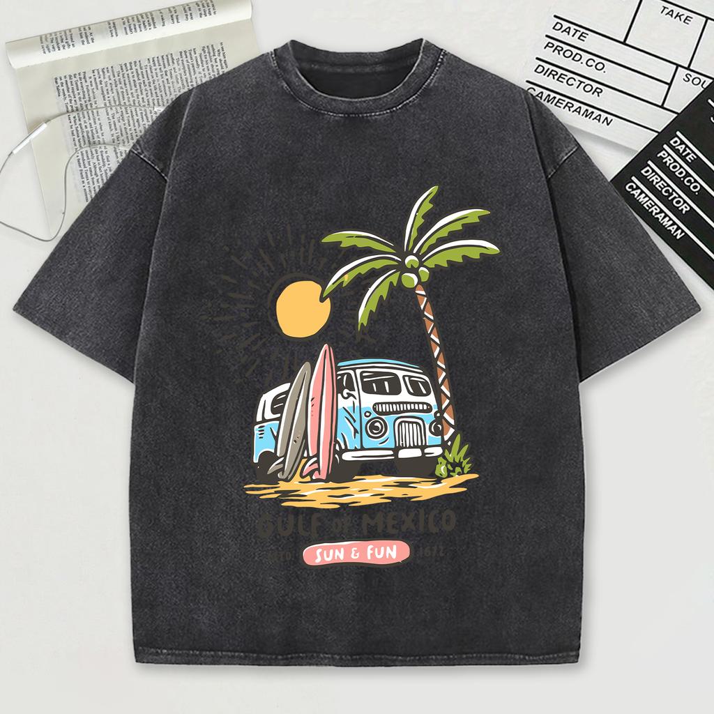 Gulf Of Mexico Estd Sun Fun Print Washed Men T-Shirt Summer Retro Cotton T Shirts Snow Wash Tee Loose O-Neck Streetwear