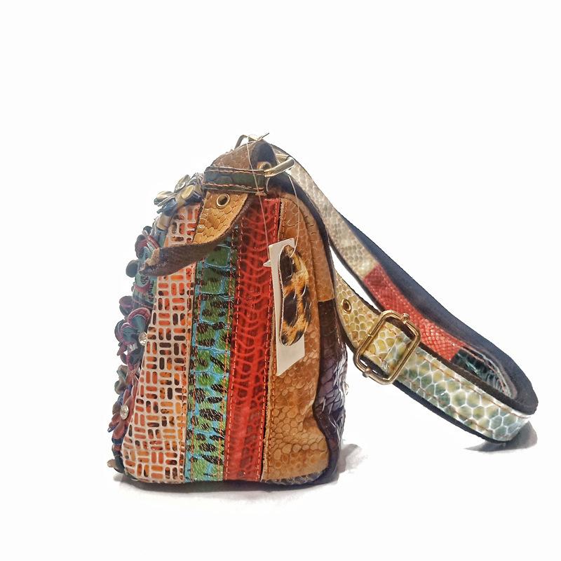 Bag Women'S Shoulder Bag Women'S Bag Casual Snake Pattern Flower Splicing Sheepskin Small Square Bag