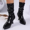 Sexy Pu Leather Thin High Heels Boots Women Back Zipper Pointed Toe Ankle Boots Woman Fleece Lining Warm Short Booties Mujer 42