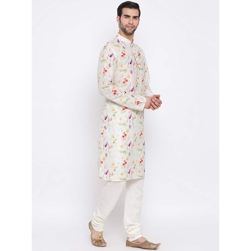 VASTRAMAY Men' Cotton Blend Kurta Pyjama Set | Perfect Spring Edit Floral Design Digitally Printed Kurta With Bli