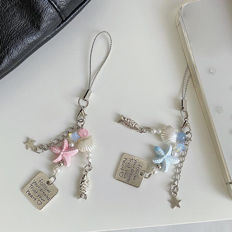 Summer Starfish Fish Phone Chain Y2K Sweet Beaded Mobile Phone Lanyard Keychain Girly Cute Ins Phone Charm Pendant