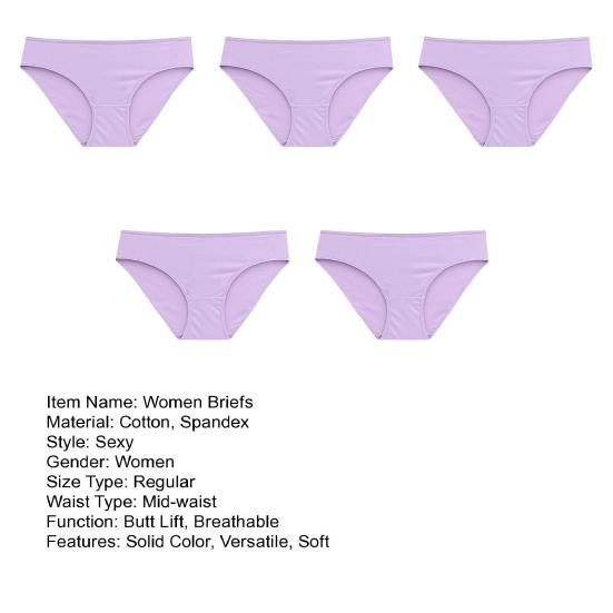 5Pcs Women Briefs Mid-rise Solid Color Breathable Underwear Double-Layer Cotton Crotch Panties Daily Wear