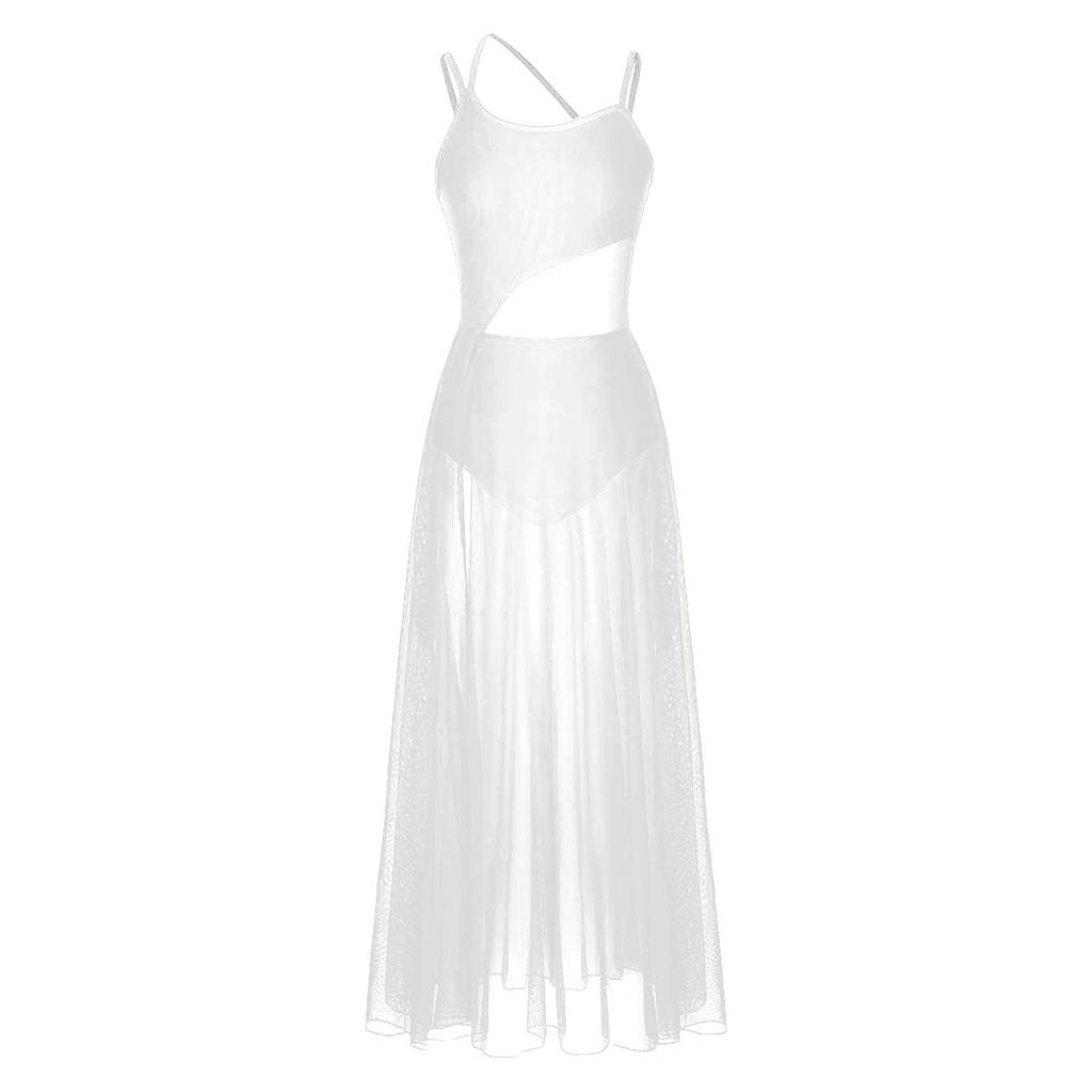 Dance Costume Practice Wear Mesh Splice Asymmetrical Mesh Maxi Dance Dress with Built-In Leotard