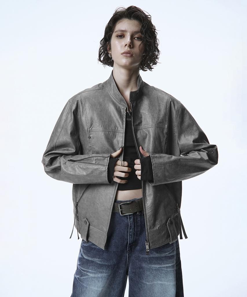Treemingbird Over-Fit Leather Biker Jacket [ Gray ]