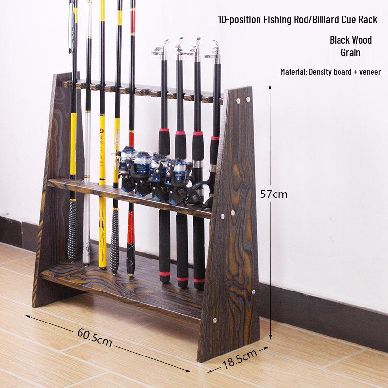 10-Tier Solid Wood Floor-Standing Fishing Rod and Pool Cue Storage Rack