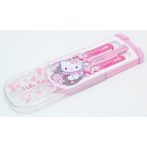 OSK Cutlery Set, Hello Kitty Sakura Design, with Pull-Lid Trio, Chopsticks, Spoon, and Fork, Made In Japan, Sliding Design, Dishwasher Safe, Easy To U