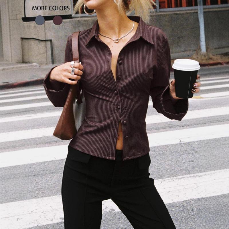 Mode Chemise Rayée Coupe Ajustée pour Femme Manches Longues Blouse Élégante Col de Chemise Bureau Décontracté Hauts Courts Simples Simples Printemps Été Streetwear Vêtements de Base