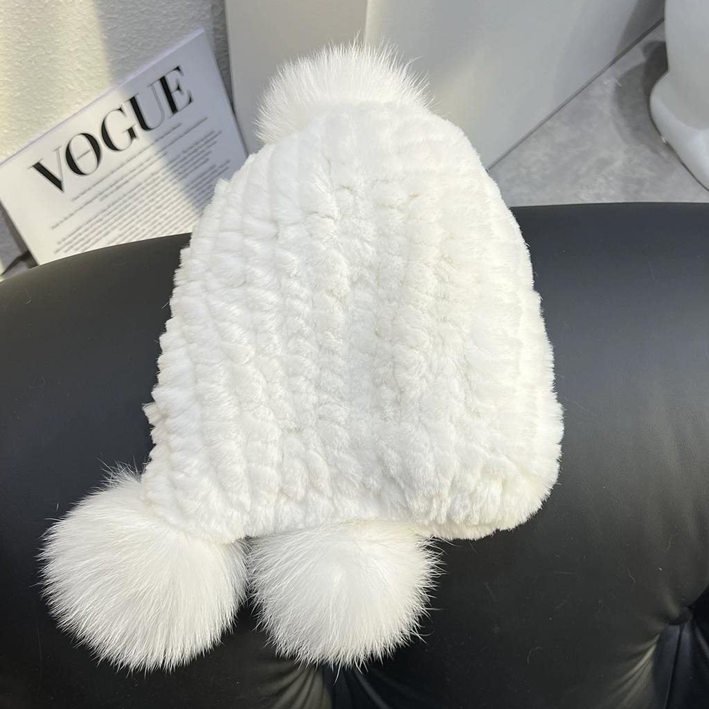 Girl Cute Real Rex Rabbit Fur Hat Big Fox Hairball Head Hat Thickened Warm Ear Hat Winter