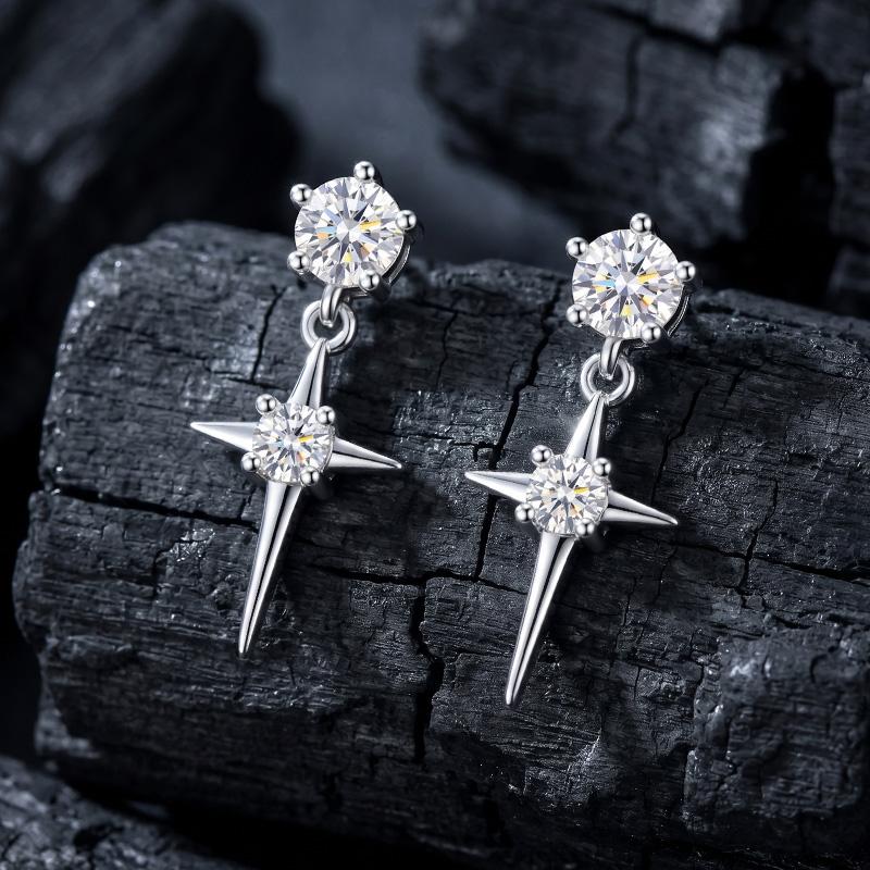 925 Sterling Silver North Star Dangle Round Cut Zircon Drop Stud Earrings for Women