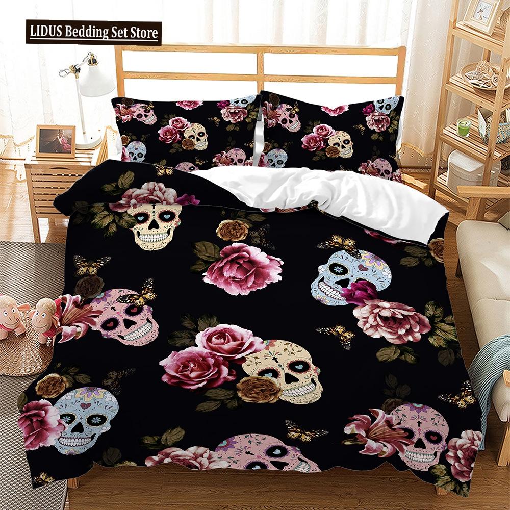 Skull Duvet Cover Set Butterfly Pattern Dark Purple Background King Queen Size For Kids Boys Girls Bedding Set With Pillowcases