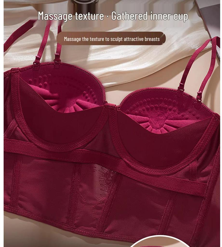 Red Push-Up Bra Set: Six-Button Adjustable, Anti-Side-Boob, No Underwire, Small Bust Enhancement