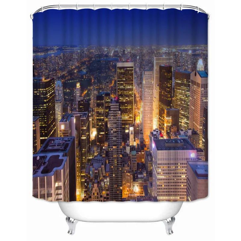 New York City Skyline Building Night View Shower Curtain Modern Bathroom Curtain Polyester Fabric Bath Curtain With Hooks
