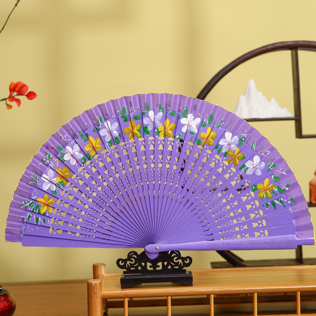 Women Vintage Spanish Folding Fan Double-Side Flower Painting Gypsy Wooden Hand Fan for Dance Festival Decoration