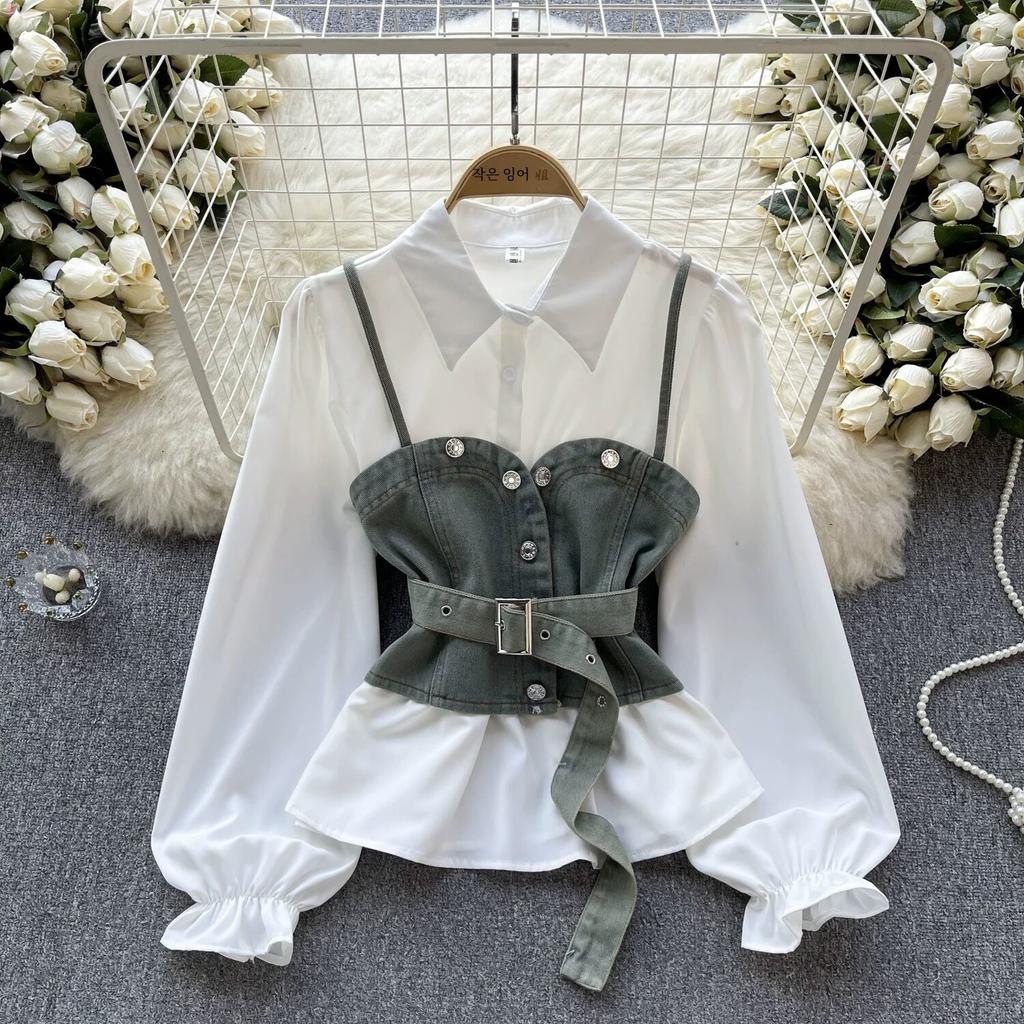 Koreanische Serie Tragen Alter-Reduzierung Set Retro Denim Cami Gestapelt Alle-Matching Puff Sleeve Shirts Zwei-stück Set Top