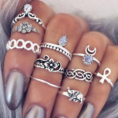 10Pcs/Set Retro Boho Elephant Flower Moon Above Knuckle Midi Finger Ring Jewelry