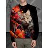 Round Neck 3D Cat Printed T-shirts Casual Long Sleeved Men's T-shirts - Soft Medium Stretch Polyester Fabric Spring and Autumn Relaxed Fit Clothing