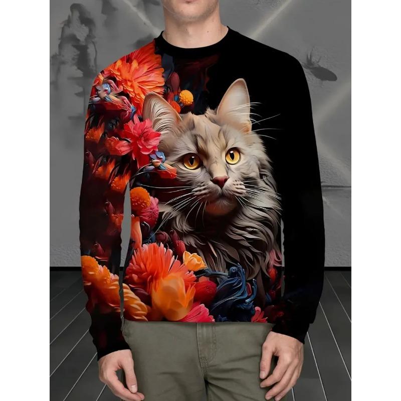 Round Neck 3D Cat Printed T-shirts Casual Long Sleeved Men's T-shirts - Soft Medium Stretch Polyester Fabric Spring and Autumn Relaxed Fit Clothing