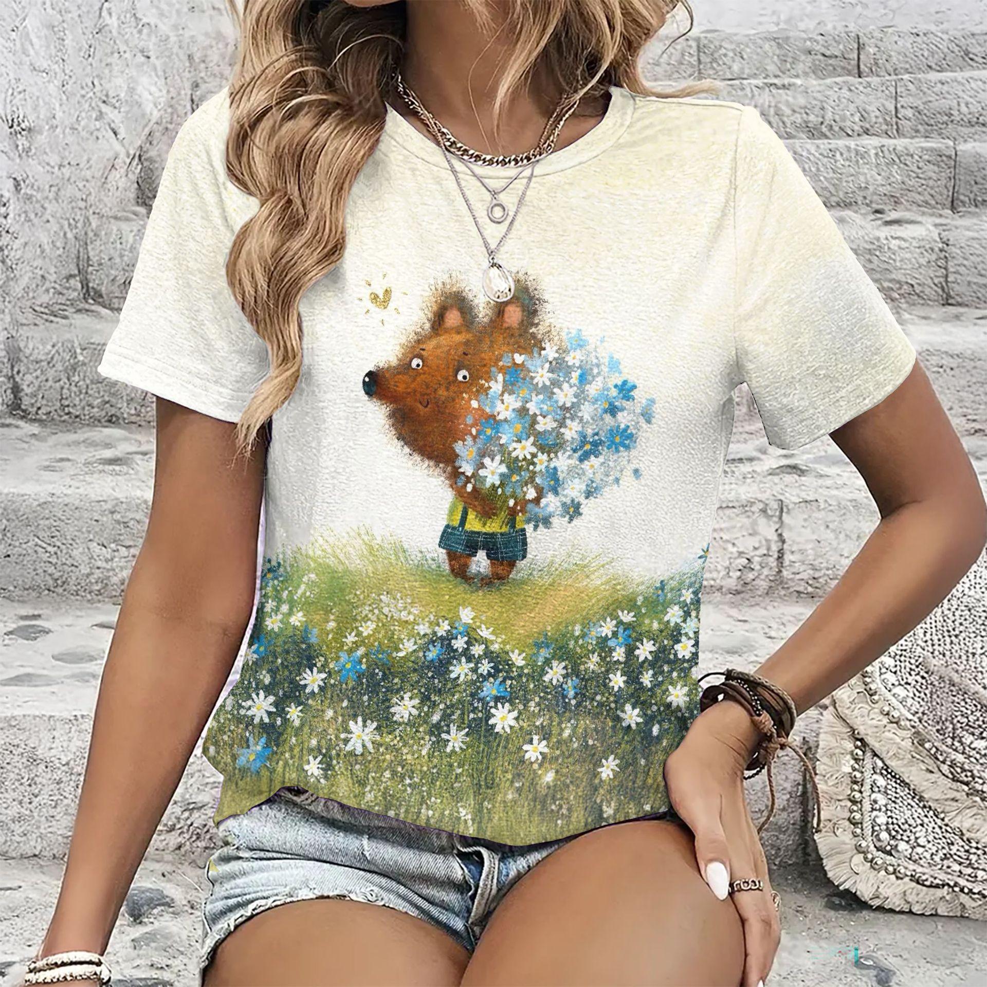 

Summer Round Neck Cartoon Animal Pattern 3D Print Top Fashionable Casual Short Sleeved Women s T-shirts XS