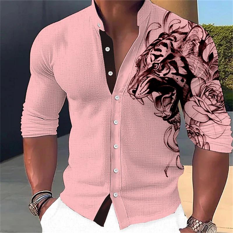 Men's Long Sleeved Shirt 3D Abstract Printing Standing Collar Button Up Shirt Fashion Street Designer Designs Men's Clothing